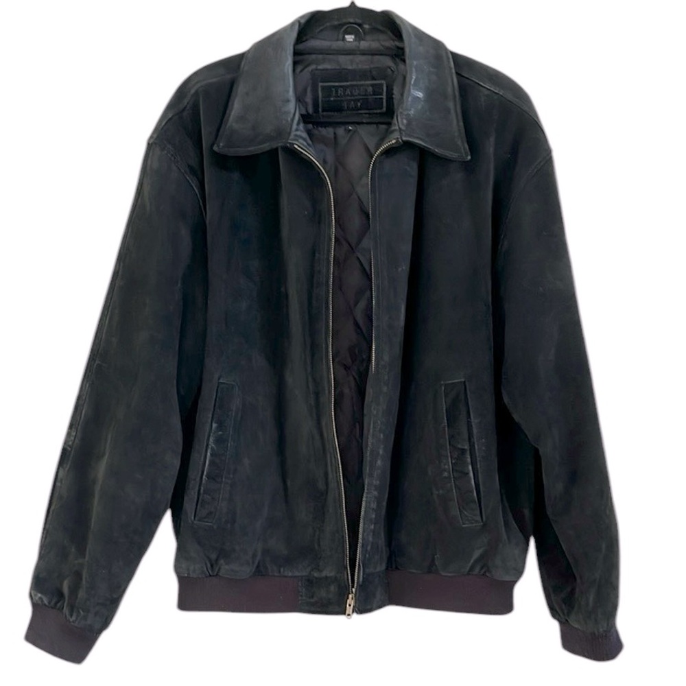 TRADER BAY VINTAGE SUEDE LEATHER QUILT LINED ZIP FRONT BOMBER JACKET BLK SIZE L